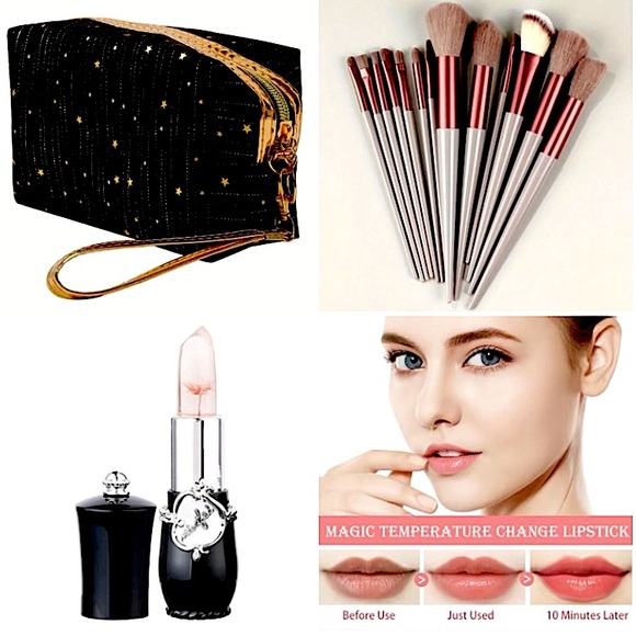 Other - Bundle: Color Changing Jelly Lipstick, Brush Set & Cosmetic Bag